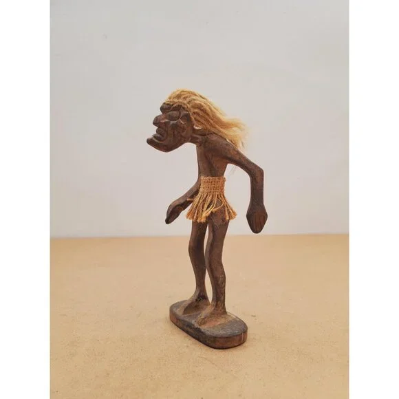 Vintage Hawaiian Carved Wood Tiki Kahuna Tribal , Hemp Rope Hair and Grass Skirt - Picture 4 of 16